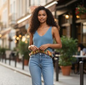 DEBUT Cropped Knit Fringed Pullover V-neck Hippie Festival Bohemian Boho S/M